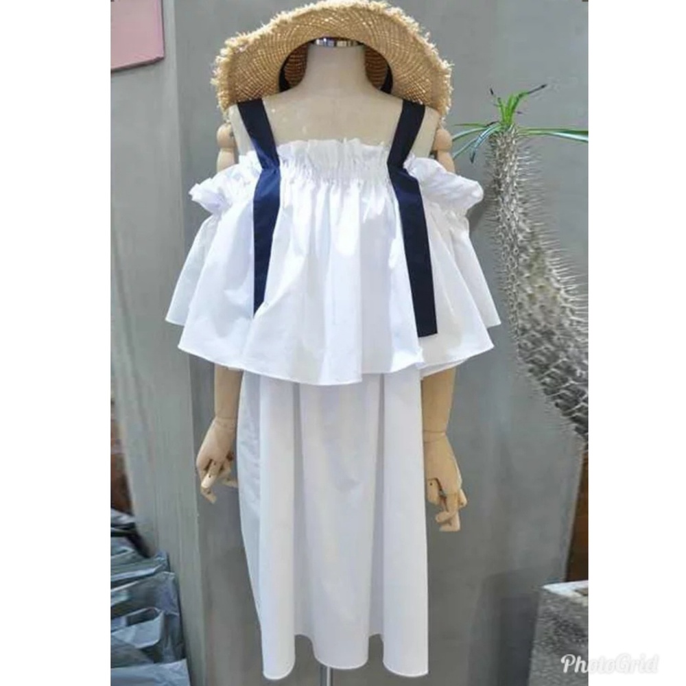 Off Shoulder Ruffle Ribbon Straps Summer Dress XL